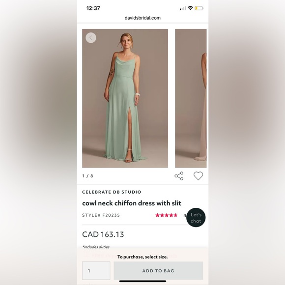 David’s bridal dusty sage cowl neck chiffon dress with slit - Picture 6 of 6